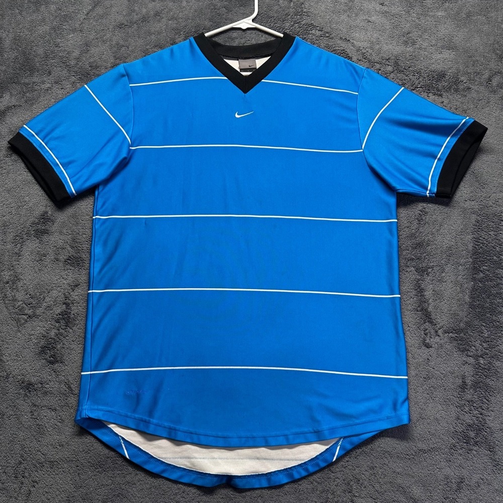 Nike Dri-FIT Soccer Jersey V-Neck Mens Medium Center Swoosh Blue Striped Y2K